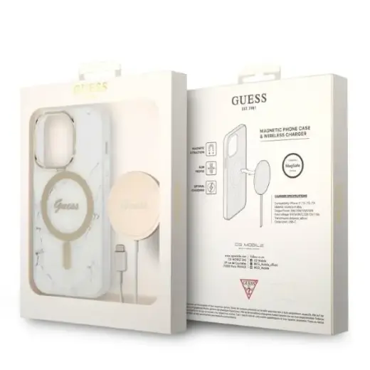 Zestaw Guess GUBPP14LHMEACSH Case+ Charger iPhone 14 Pro 6,1" biały|white hard case Marble MagSafe Фото num