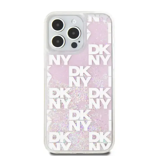 DKNY Liquid Glitter Checkered Pattern Case for iPhone 15 Pro Max Pink