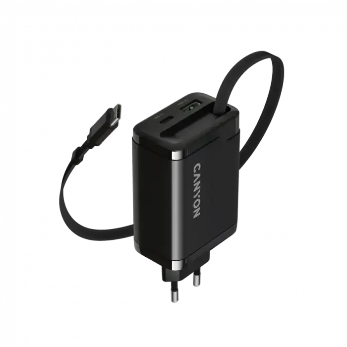CANYON charger OnCharge 65RC Build-In Cable USB-C 65W 1xPD 1xQC EU Black