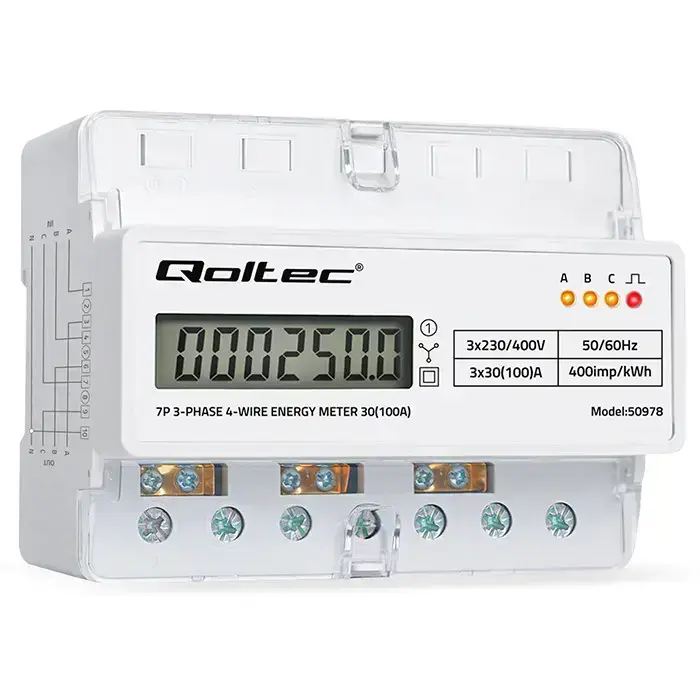 Qoltec Three-phase electronic meter | energy consumption meter for DIN rail | 400V | 100A | LCD | LED | 7P