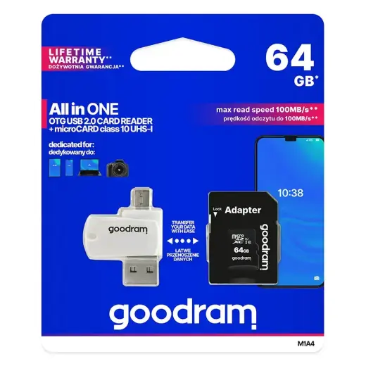 GOODRAM Memory MicroSD Card All in one - 64GB with adapter UHS I CLASS 10 100MB/s + reader Фото num