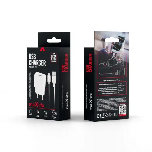 Maxlife MXTC-01 tīkla lādētājs | 5W | USB-A | USB-C vads komplektā | balts Foto 7