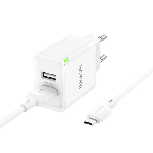 Borofone Sienas lādētājs BN15 Strong - 2xUSB - 2,1A ar USB-Micro USB kabeli, balts (bojāts iepakojums) Foto 2