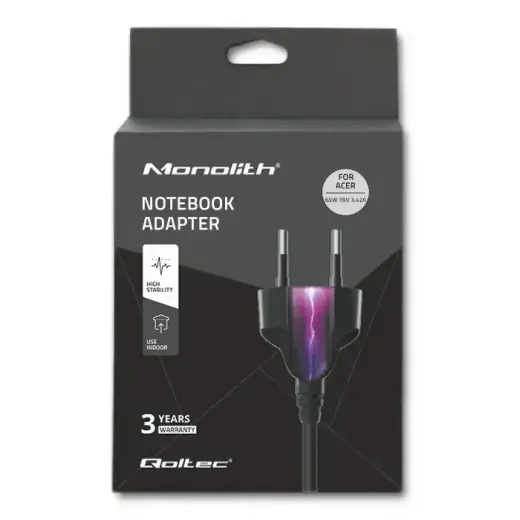Qoltec Power adapter for laptop Acer | 65W | 19V | 3.42A | 5.5*2.5 | +power cable Photo