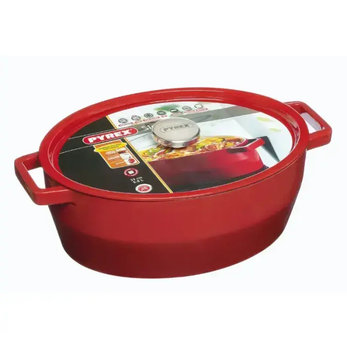 Чугунная кастрюля 5,8 л Pyrex овальная 33x25 см красная Фото num