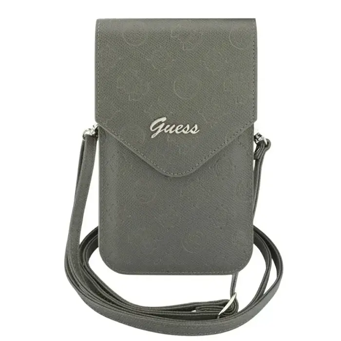 Guess Hot Stamped Peony Leather Phone Bag with Metal Classic Logos & Strap – Brown