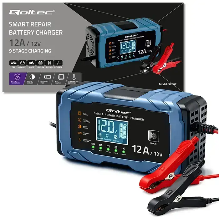Qoltec Intelligent microprocessor charger 12V 12A | Rectifier with repair function | AGM GEL LiFePO4 | 9-stage charging  Photo