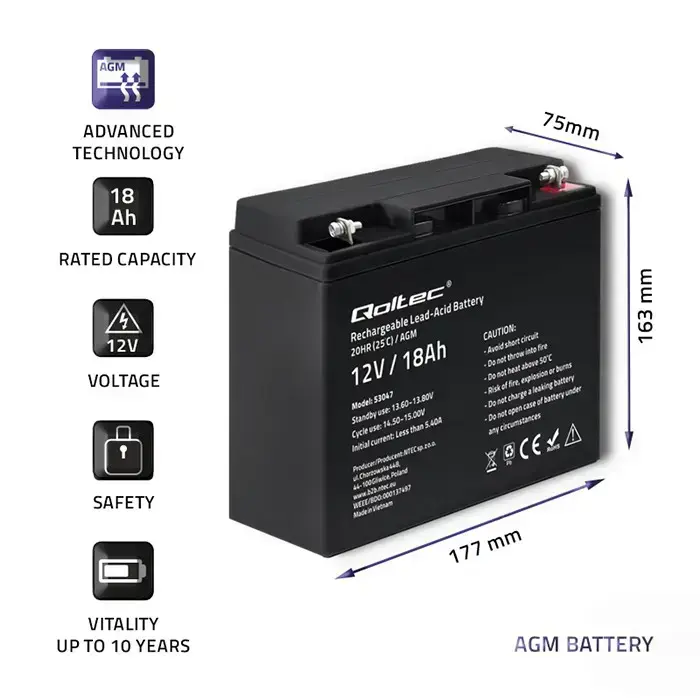 Qoltec AGM battery | 12V | 18Ah | Maintenance-free | Efficient| LongLife | for UPS, scooter Foto 3