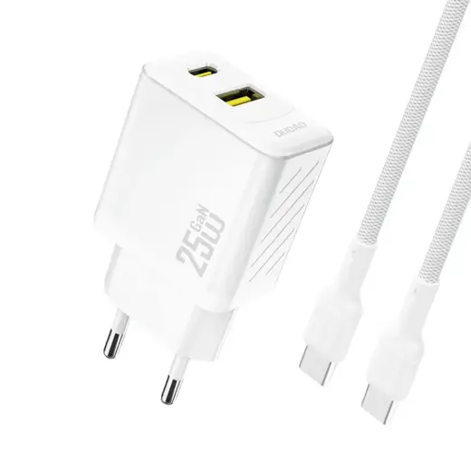 Dudao A26TCEU PD QC 25W GaN USB-A USB-C Wall Charger with USB-C Cable - White