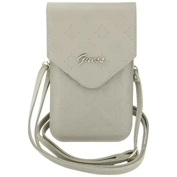 Guess Hot Stamped Peony Leather Phone Bag with Metal Classic Logos & Strap – Beige