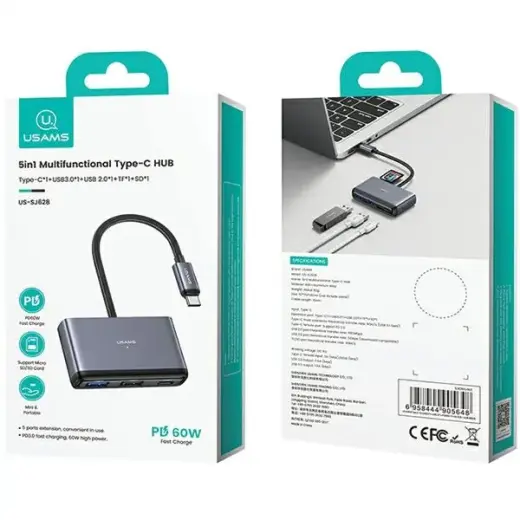 USAMS Adapter HUB 5w1 USB 2.0|USB 3.0| USB-C|TF|SD szary|dark grey SJ628HUB01 (US-SJ628) Фото num
