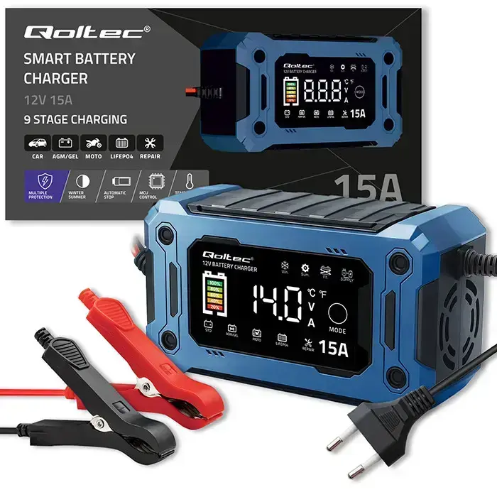 Qoltec Intelligent microprocessor charger 12V 15A | Rectifier with repair function and maintaining power supply during battery replacement | for AGM GEL LiFePO4 | LCD Foto 11