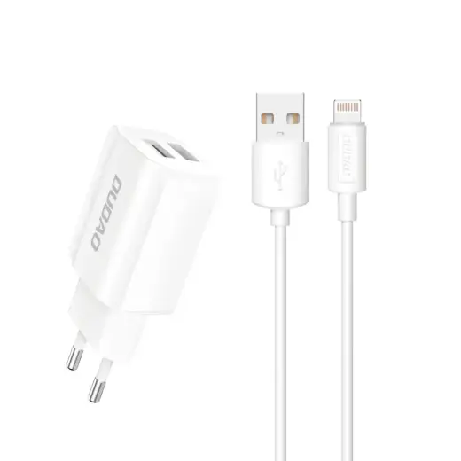 Dudao 2x USB mājas USB ceļojuma ES adapteris sienas lādētājs 5V|2.4A + Lightning kabelis balts (A2EU + Lightning balts) Foto 9