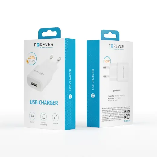 Forever TC-01 travel charger | 10W | USB-A | white Photo