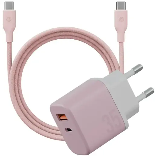 Wall charger Bazic GoPort Velox Kit USB-C|USB-A GaN 35W with cable pink