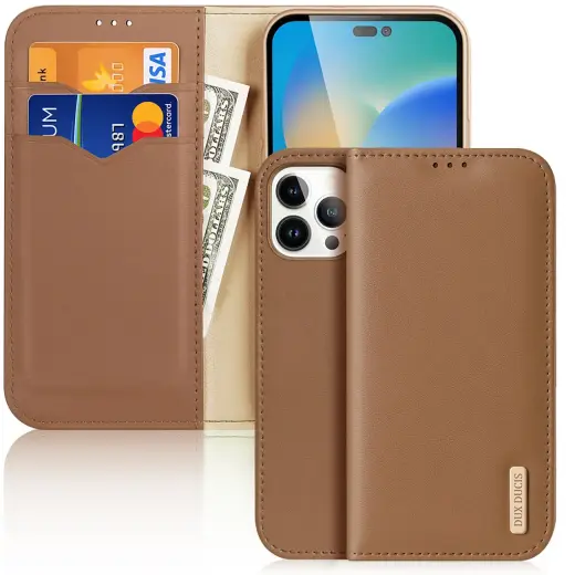 Dux Ducis Hivo Leather Flip Cover Genuine Leather Wallet for Cards and Documents iPhone 14 Pro Max Brown Photo