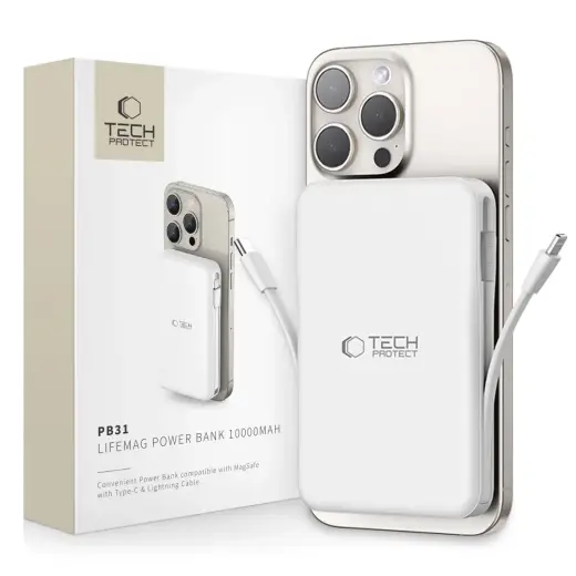 Tech-Protect LifeMag PB31 внешний аккумулятор (powerbank) | 10000 mAh | 15W | USB-C, USB-A, Lightning, MagSafe | белый Фото num