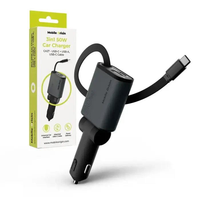 Mobile Origin 3in1 50W Car Charger CA27 - USB-C + USB-A, USB-C Cable