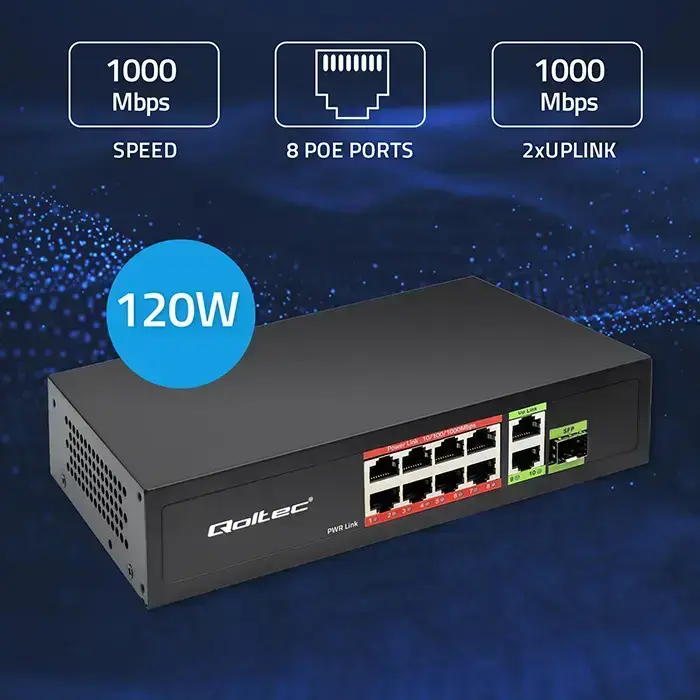 Qoltec FAST Ethernet PoE SWITCH 8x RJ45 PoE 2x RJ45 Uplink 1x SFP | 120W | 1000 Mb Foto 3