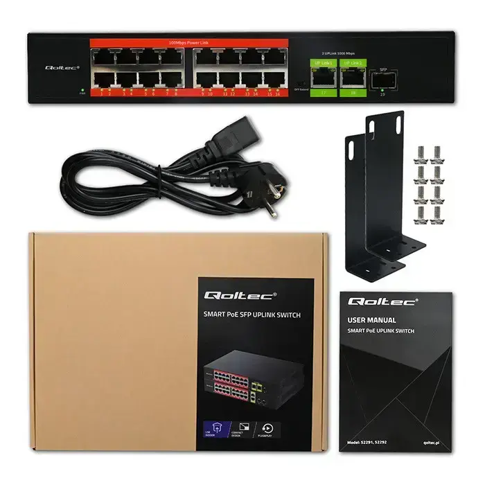 Qoltec Fast Ethernet PoE SWITCH | 16x RJ45 10/100 Mb/s |  2x RJ45 Uplink 1000 Mb/s | 1x SFP 1000 Mb/s Foto 11