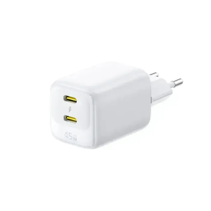 Sienas ātrlādētājs EnerFill FE22 45 W ar 2 USB-C ligzdām, QC un PD atbalstu, ar 1 m garu USB-C kabeli, balts