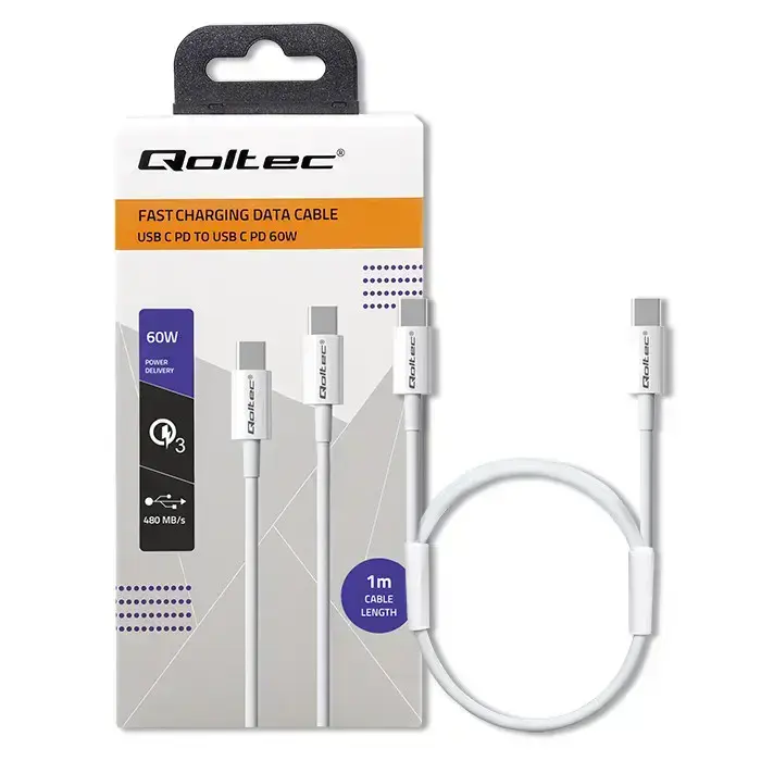 Qoltec datu pārraides un uzlādes vads | USB-C uz USB-C | QC 3.0, PD | 60W | 1m | balts
