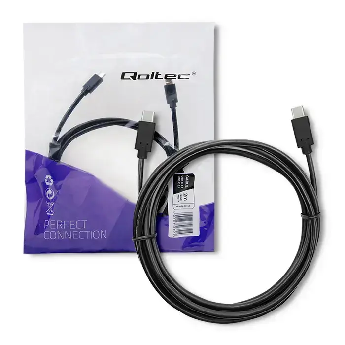 Qoltec datu pārraides un uzlādes vads | USB-C uz USB-C | 2m | melns
