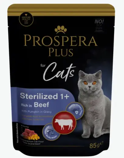 Konservi kaķiem - Prospera Plus, Cat Pouch Sterilized 1+, Beef and Pumpkins, 85 g