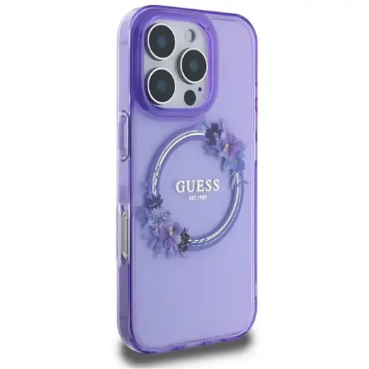 Guess GUHMP16LHFWFCU iPhone 16 Pro 6.3" purpurowy|purple hardcase IML Flowers Wreath MagSafe Фото num