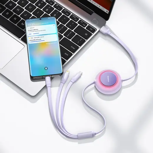 Baseus Bright Mirror 3 3-in-1 datu pārraides un uzlādes vads | USB-C uz Micro USB, Lightning, USB-C | 66W | 1.1m | violets Foto 16