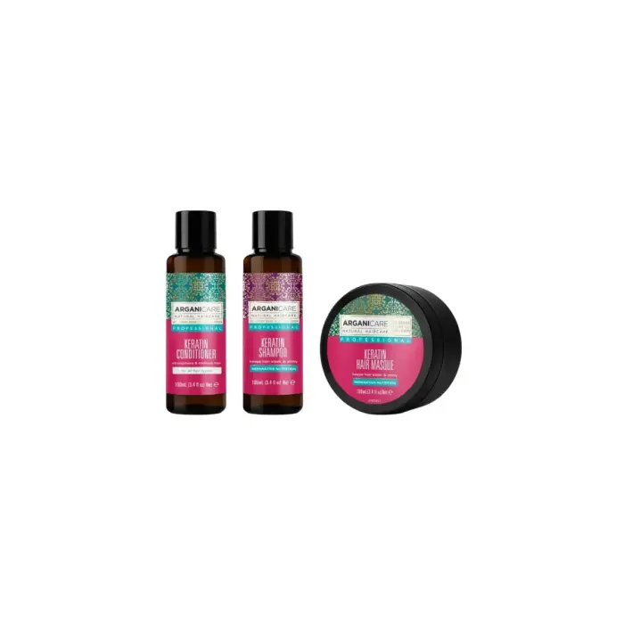 Set Arganicare: Keratin, Hair Conditioner, Nourishing & Strengthening, 100 ml + Keratin, Hair Shampoo, Repairing & Nourishing, 100 ml + Keratin, Hair Treatment Cream Mask, Nourishing & Repairing, 100 ml