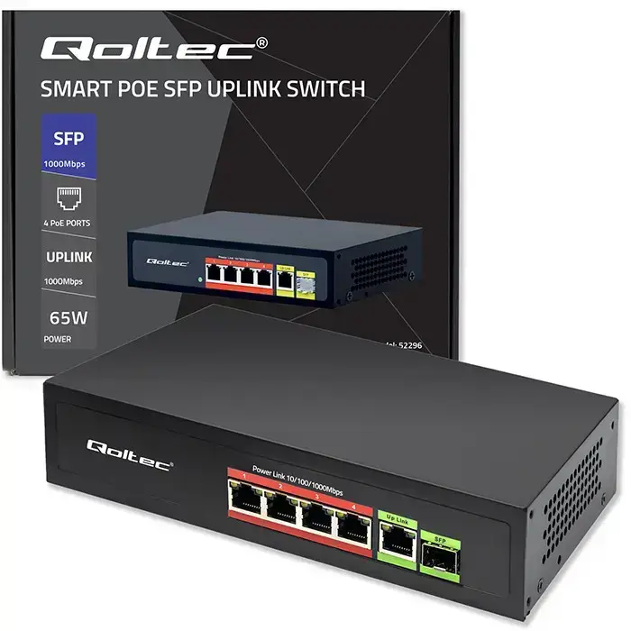 Qoltec FAST Ethernet PoE SWITCH 4x RJ45 PoE 1x RJ45 Uplink 1x SFP | 65W | 1000 Mb Foto 11
