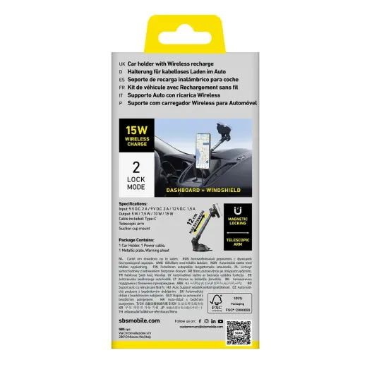 Telescopic smartphone holder with inductive charger SBS TESUPPMAG15WLONGARM with suction cup, compatible with MagSafe - black Фото num