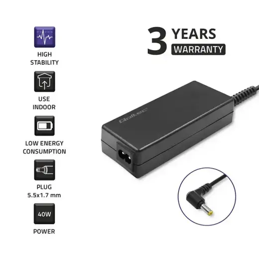 Qoltec Power adapter for laptop Acer 40W | 19V | 2.1A | 5.5*1.7 | +power cable Photo