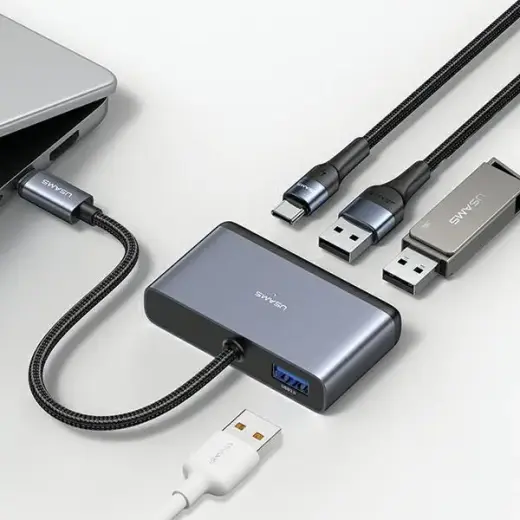 USAMS Adapter HUB 4w1 2xUSB 2.0|USB 3.0| USB-C szary|dark grey SJ627HUB01 (US-SJ627) Фото num