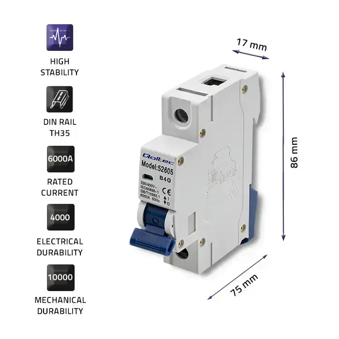 Qoltec Overcurrent Circuit Breaker B40| Fuse | AC | 40A | 1P Фото num