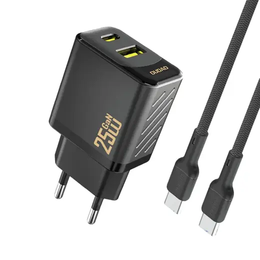 Dudao A26TCEU PD QC 25W GaN USB-A USB-C Wall Charger with USB-C Cable - Black