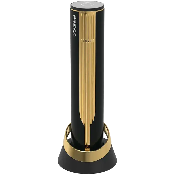 Prestigio Maggiore, smart wine opener, 100% automatic, opens up to 70 bottles without recharging, foil cutter included, premium design, 480mAh battery, Dimensions D 48*H228mm, black + gold color.