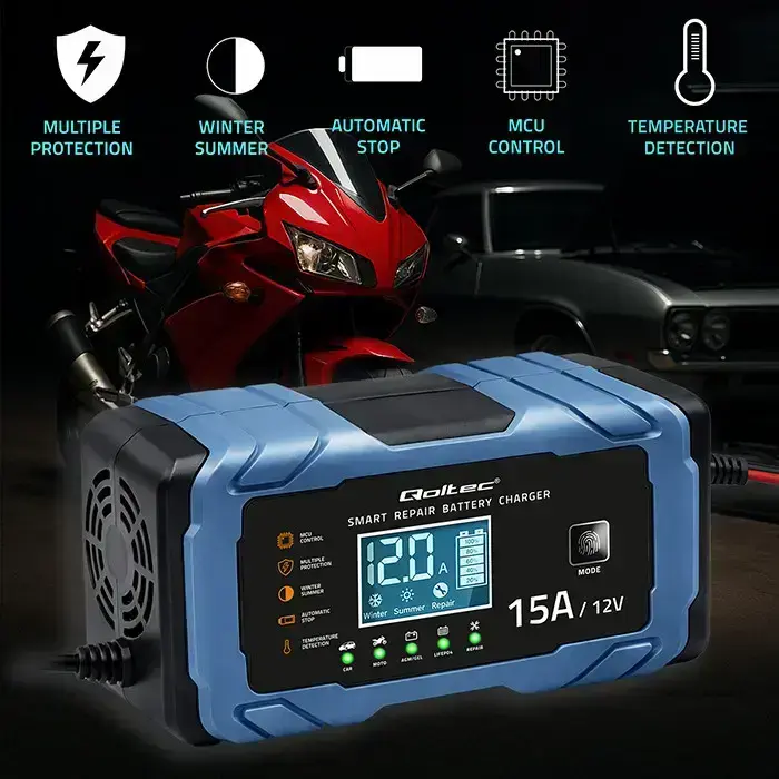 Qoltec Intelligent microprocessor charger 12V 15A | Rectifier with repair function | AGM GEL LiFePO4 | 9-stage charging  Photo
