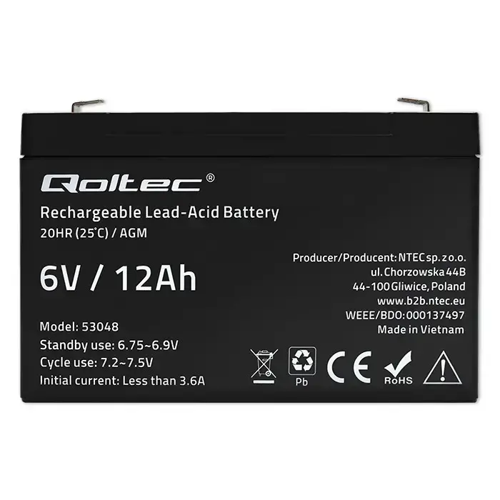 Qoltec  AGM battery | 6V | 12Ah | Maintenance-free | Efficient| LongLife | for UPS, scale, cash register Foto 5
