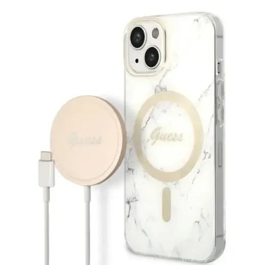 Zestaw Guess GUBPP14SHMEACSH Case+  Charger iPhone 14 | 15 | 13 6,1" biały|white hard case Marble MagSafe Фото num