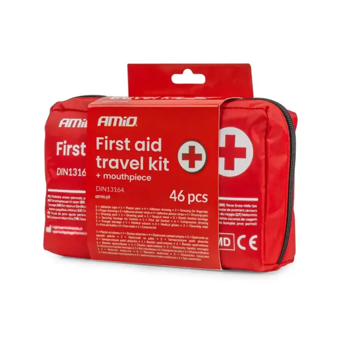 First aid kit in a soft case, compliant with DIN 13164, with mouthpiece AMIO-05014