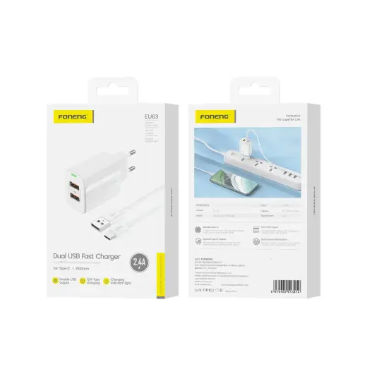 Foneng Wall charger EU63 - 2xUSB - 12W with USB to Type C cable white Foto 6