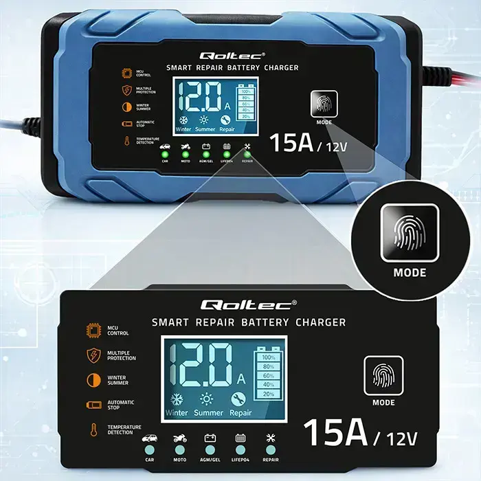 Qoltec Intelligent microprocessor charger 12V 15A | Rectifier with repair function | AGM GEL LiFePO4 | 9-stage charging  Photo