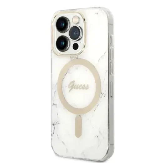 Zestaw Guess GUBPP14LHMEACSH Case+ Charger iPhone 14 Pro 6,1" biały|white hard case Marble MagSafe Фото num