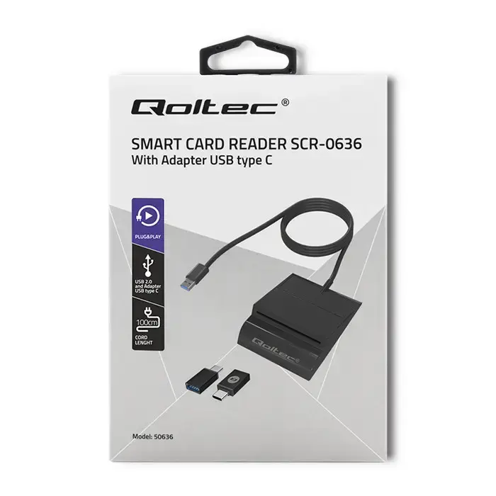 Qoltec Intelligent Smart ID chip card reader SCR-0636 | USB 2.0 + USB-C Adapter  Foto 2
