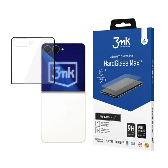 3mk HardGlass Max aizsargstikls telefona ekrānam Samsung Galaxy Z Flip 8 (F776) (front) ar uzstādīšanas rāmi