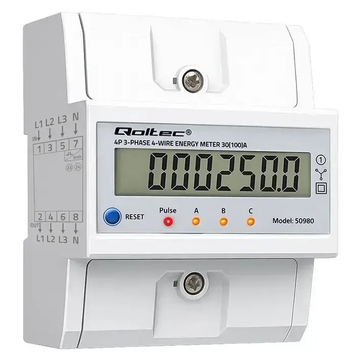 Qoltec Three-phase electronic meter with reset | DIN rail energy consumption meter | 400V | 100A | LCD | LED | 4P