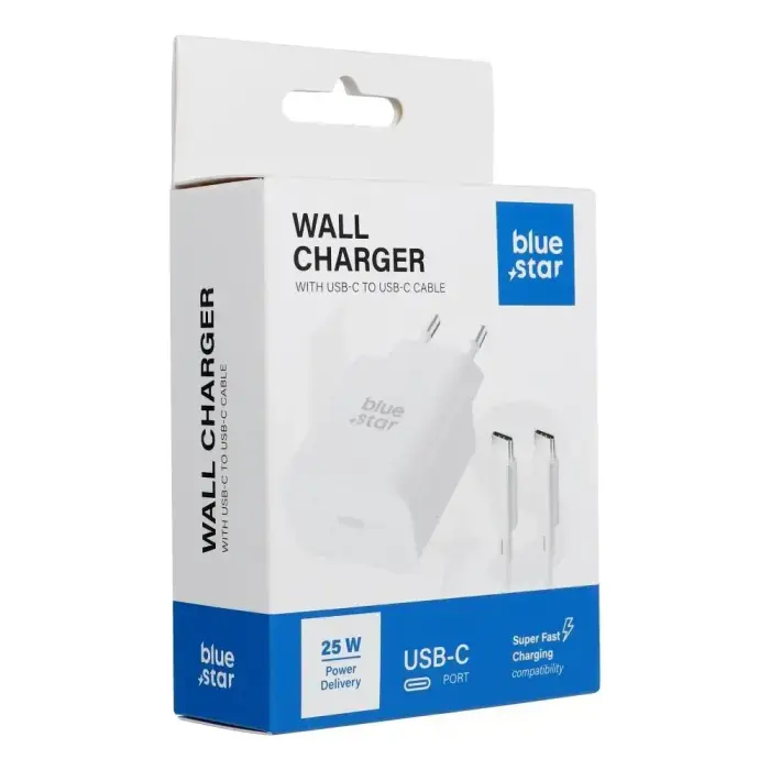 Phone charger Blue Star USB C QC4.0 PD 3A 25W + cable USB C to USB C TFB-TC-25WPD white