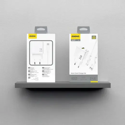 Dudao A23TEU 2.4A GaN USB-A Wall Charger with USB-A - USB-C Cable - White Foto 3